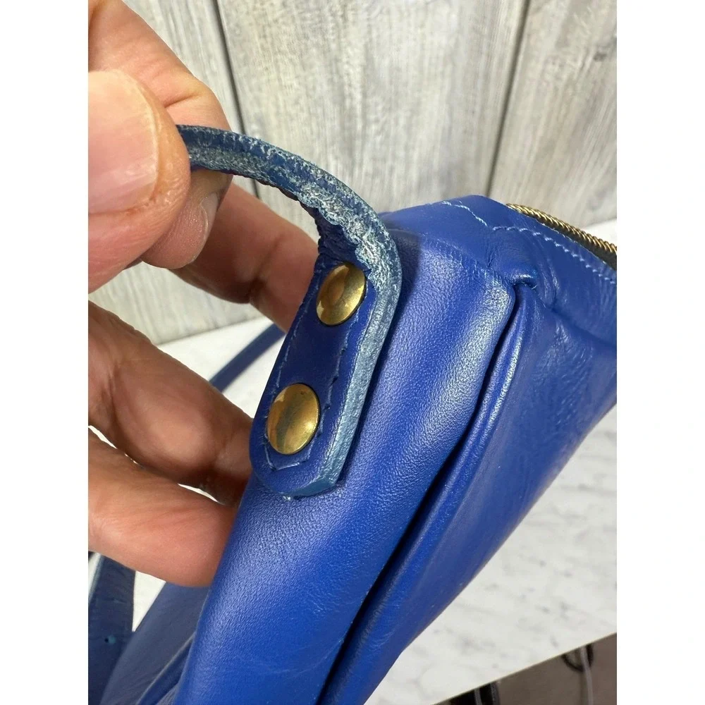 Directive Cobalt Blue Leather Half Moon Crossbody Bag Adjustable Strap Brass